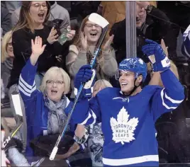  ?? The Canadian Press ?? Toronto Maple Leafs forward Auston Matthews celebrates his second goal of the game during NHL action against the Anaheim Ducks on Monday in Toronto.