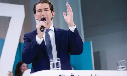  ??  ?? Sebastian Kurz, the head of Austrian People’s party (ÖVP) addresses the audience on stage during the party’s electoral evening in Vienna, on 29 September. Photograph: Georg Hochmuth/AFP/Getty Images