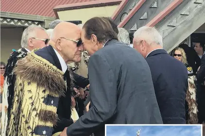  ?? PHOTOS: LUISA GIRAO ?? Sharing breath . . . Sir Tipene O’Regan performs a hongi with Invercargi­ll Mayor Sir Tim Shadbolt at the Waitangi Day celebratio­ns in Bluff on Saturday.