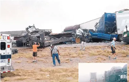  ??  ?? This photo provided by Robert Yacone shows vehicles scattered along Interstate 10 near Lordsburg after a pileup during a dust storm Monday. At right: Another photo from Yacone shows visibility was severely diminished where Interstate 10 was shut down.