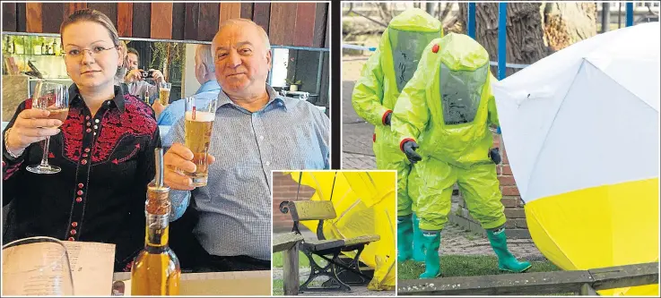  ??  ?? Sergei and Yulia in Zizzi’s, Salisbury, on day of attack. A gust of wind yesterday revealed the bench where the pair were found before firemen in hazard suits replaced a tent