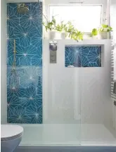  ??  ?? BATHROOM The couple invested in cement tiles in a dazzling pattern. Dandelion tiles, price on request, Marrakech Design. Mpro showerhead, from £219; Mpro mixer, £549, both Crosswater