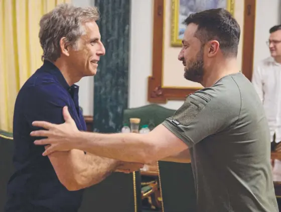  ?? ?? Ukrainian President Volodymyr Zelensky (right) welcomes Meet the Parents star and UN goodwill ambassador Ben Stiller in Kyiv. Picture: AFP