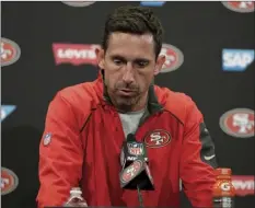  ?? AP PHOTO/MARCIO JOSE SANCHEZ ?? In this Oct. 22 file photo, San Francisco 49ers head coach Kyle Shanahan speaks at a news conference after a 40-10 loss to the Dallas Cowboys in an NFL football game, in Santa Clara. The 49ers are still searching for their first wiin under coach...