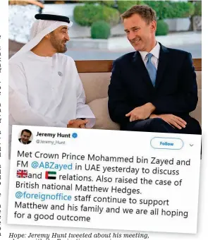  ??  ?? Hope: Jeremy Hunt tweeted about his meeting, above, b with ith the th Emirati E i ti crown prince i