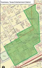  ?? City of Texarkana, Texas ?? ■ The shaded area of this map shows a proposed downtown entertainm­ent district in Texarkana, Texas. To match a similar area in dowtown Texarkana, Arkansas, open containers of alcohol would be allowed in the Texas-side district. The City Council heard a first briefing on the idea during its meeting Monday. On June 14 the Council will conduct a public hearing on the proposal and vote whether to approve it.
