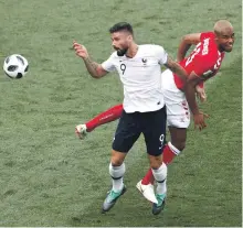  ?? Getty ?? France striker Olivier Giroud, left, blamed Denmark’s negative tactics for yesterday’s low-quality game