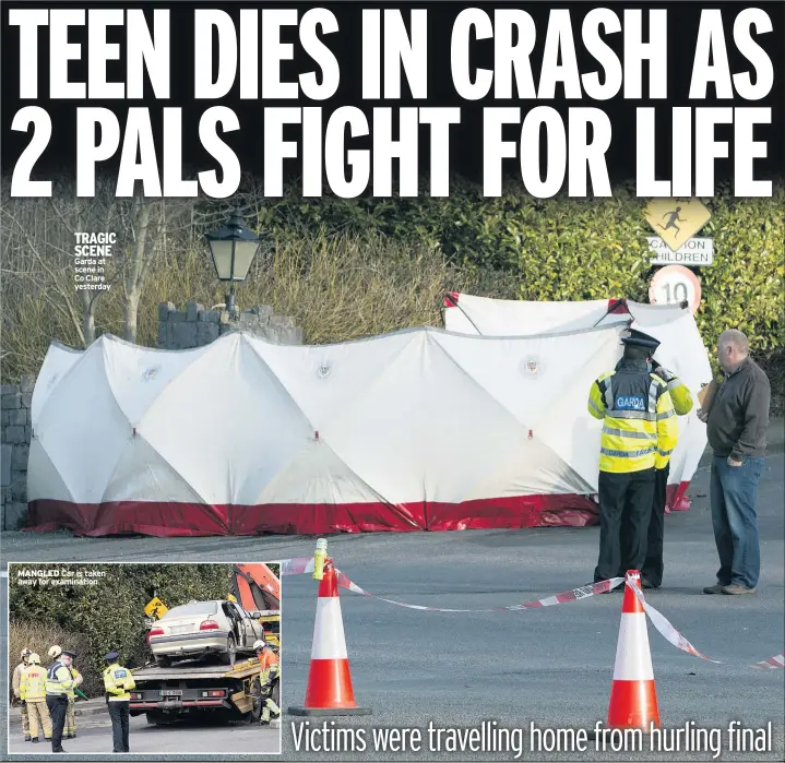  ??  ?? TRAGIC SCENE Garda at scene in Co Clare yesterday MANGLED Car is taken away for examinatio­n