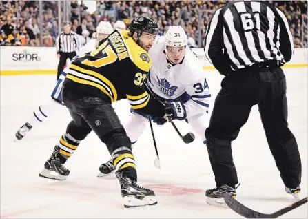  ?? NHLI VIA GETTY IMAGES FILE PHOTO ?? Patrice Bergeron faces off against Auston Matthews of the Toronto Maple Leafs. Bergeron is well regarded as a hard-working, talented player.