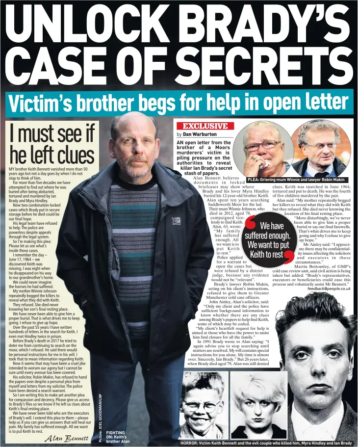  ??  ?? FIGHTING ON: Keith’s brother Alan
PLEA: Grieving mum Winnie and lawyer Robin Makin
HORROR: Victim Keith Bennett and the evil couple who killed him, Myra Hindley and Ian Brady