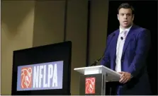  ?? CHRIS CARLSON — THE ASSOCIATED PRESS FILE ?? In a Thursday, Jan. 30, 2020 file photo, Eric Winston, president of the NFL Players Associatio­n, speaks at the annual state of the NFLPA press conference, in Miami Beach, Fla. NFL players have approved a new labor agreement with the league that features a 17-game regular season, higher salaries, increased roster sizes and larger pensions for current and former players.