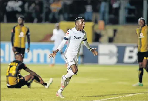  ?? PHOTO: LEFTY SHIVAMBU/GALLO IMAGES ?? Elias Pelembe of Bidvest Wits celebrates his side’s first goal during the Absa Premiershi­p match between Wits and Kaizer Chiefs at Bidvest Stadium on Tuesday night.