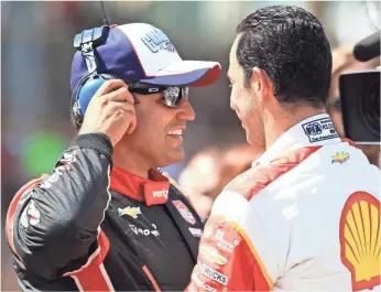  ?? ANDREW WEBER, USA TODAY SPORTS ?? Juan Pablo Montoya, left, has seen his points lead shrink and is now only 58 points ahead of fourth-place Helio Castroneve­s, right, with two races left to determine the championsh­ip.