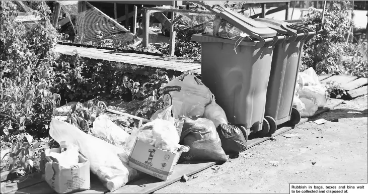  ??  ?? Rubbish in bags, boxes and bins wait to be collected and disposed of.