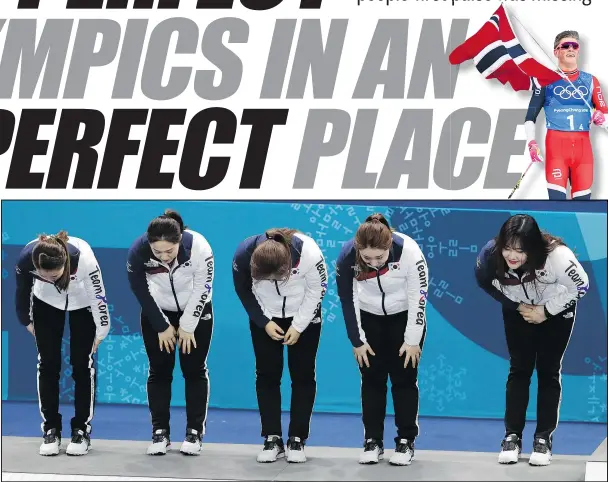  ?? THE ASSOCIATED PRESS, GETTY IMAGES/PHOTOS ?? The Garlic Girls, South Korea’s women’s curling team, takes a collective bow after providing the host country with its most memorable moment of sporting excitement at the Games by winning the silver medal. Top, cross-country skier Johannes Hoesflot...