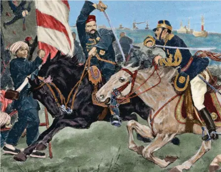  ??  ?? PRIMERA GUERRA CON CHINA. En el grabado coloreado se escenifica la toma de Pingyang en 1894, batalla en la que el general Tso es atacado por el mariscal japonés Yamagata.