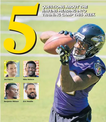  ?? KARL MERTON FERRON/BALTIMORE SUN ?? Joe Flacco Benjamin Watson Mike Wallace Eric Weddle Mike Wallace is one of the many new faces on the Ravens roster that the team will be looking to for production and leadership.