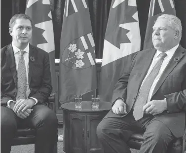  ?? CHRIS YOUNG / THE CANADIAN PRESS ?? Ontario Premier Doug Ford meets with federal Conservati­ve Leader Andrew Scheer in Toronto on Tuesday.