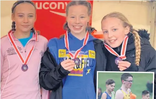  ??  ?? ●●Sophie Ellwood, Freya Murdoch and Saffron Meade take Bronze at the National XC Champs, and, right, Finley Mayoh in action