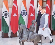  ?? PHOTO: PTI ?? Prime Minister Narendra Modi with Turkish President Recep Tayyip Erdogan at Hyderabad House in New Delhi on Monday