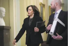  ?? Chip Somodevill­a / Getty Images ?? Kamala Harris asked if President Trump’s statements suggesting he is above the law “undermine our system of justice.”