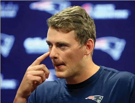  ?? MATT STONE — BOSTON HERALD ?? Patriots quarterbac­k Mac Jones speaks to reporters before Wednesday’s practice at Gillette Stadium. The team is preparing to play the Bills on Sunday.