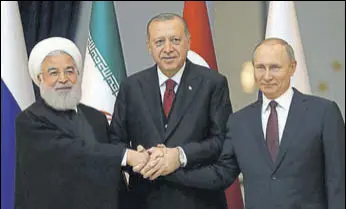  ?? REUTERS ?? Presidents Rouhani of Iran, Erdogan of Turkey and Putin of Russia in Ankara on Wednesday.