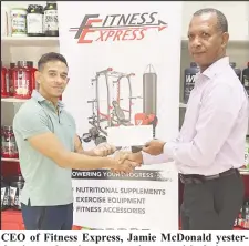  ?? ?? CEO of Fitness Express, Jamie McDonald yesterday jumped at the opportunit­y to positively impact the 20th edition of the South American 10k and presented a sponsorshi­p cheque to President of the AAG, Aubrey Hutson.