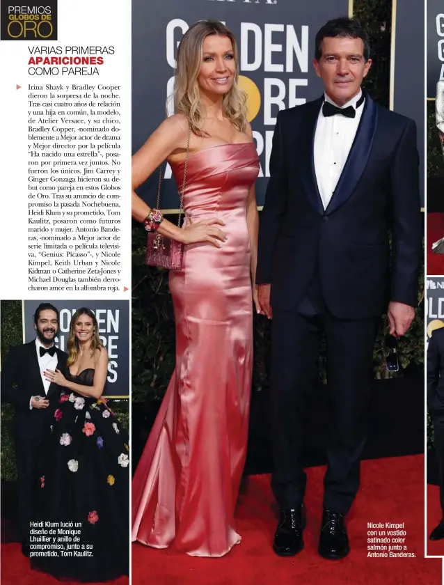  ??  ?? Heidi Klum lució un diseño de Monique Lhuillier y anillo de compromiso, junto a su prometido, Tom Kaulitz. Nicole Kimpel con un vestido satinado color salmón junto a Antonio Banderas.