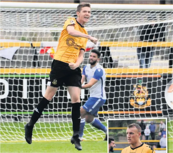  ??  ?? Kieran Glynn celebrates for Southport after scoring against Guiseley – the midfield star was substitute­d at half-time at Darlington last week. Pics: STEVE POTTER