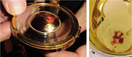  ??  ?? ABOVE LEFT: The bleeding fragment of the Host from the Buenos Aires miracle of 1996. ABOVE RIGHT: The bleeding communion wafer first seen by a nun in Tixtla, Mexico, in 2006. BELOW: Doctor Frederick Zugibe investigat­ed the Buenos Aires case and the...