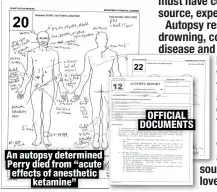  ?? ?? An autopsy determined Perry died from “acute effects of anesthetic
ketamine”
OFFICIAL DOCUMENTS