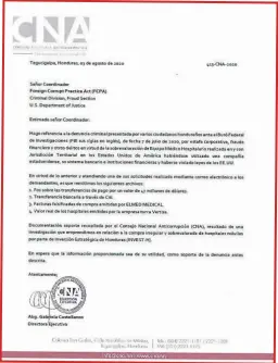  ??  ?? DOCUMENTO. Esta es la carta enviada al coordinado­r de Foreing Corrupt Practice Act (FCPA), en Estados Unidos con la informació­n.