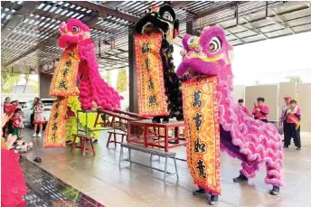  ?? ?? The SMAA’s ‘lions’ performing at a residence in Sibu during the CNY celebratio­n.