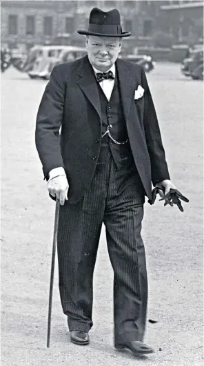  ??  ?? Dressed to win: Churchill in his signature pinstripes and hat, and, left, in the famous ‘siren suit’, a one-piece that could be donned in a minute
