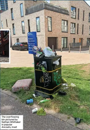  ?? ?? The overflowin­g bin pictured by Nathan Whittaker in popular Ancoats, inset