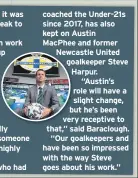  ??  ?? coached the Under-21s since 2017, has also kept on Austin
Macphee and former Newcastle United goalkeeper Steve Harpur. “Austin’s role will have a slight change, but he’s been very receptive to that,” said Baraclough. “Our goalkeeper­s and have been so impressed with the way Steve goes about his work.”