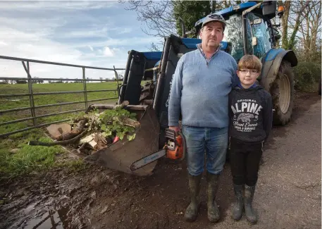  ?? Photos: Tony Gavin ?? Clockwise from above: Farmer Thomas Dermody and his son Jack (8), from Aglish, Co Kilkenny begin the clean up; Workmen repair damage at Lidl Clonmel, in Co Tipperary; and debris from damage at Moyle Rover’s GAA club.