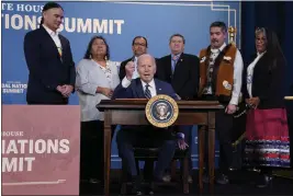  ?? EVAN VUCCI — THE ASSOCIATED PRESS ?? President Joe Biden speaks Wednesday before signing an executive order at the White House Tribal Nations Summit at the Department of the Interior in Washington.