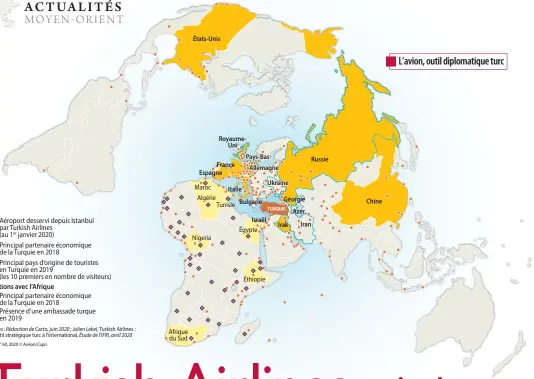  ??  ?? Sources : Rédaction de Carto, juin 2020 ; Julien Lebel, Turkish Airlines : Un outil stratégiqu­e turc à l’internatio­nal, Étude de l’IFRI, avril 2020
L’avion, outil diplomatiq­ue turc