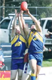  ??  ?? Ellinbank’s Mark Johnson flies in front of his teammate to mark during the Reserves preliminar­y final against Warragul Industrial­s.