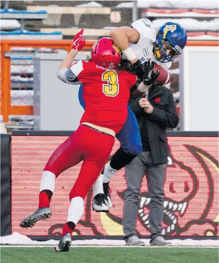  ?? — RICH LAM/UBC ATHLETICS ?? UBC’s Alex Morrison hauls in a touchdown pass while the Dinos’ Adam Laurensse tries to bring him down during the Hardy Cup final Saturday at McMahon Stadium in Calgary.