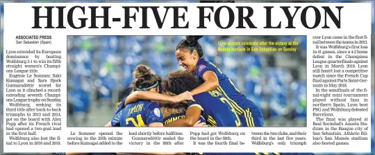  ??  ?? Lyon players celebrate after the victory at the Anoeta stadium in San Sebastian on Sunday