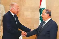  ?? AFP ?? Arab League chief Ahmad Abu Al Gheit ( left) with Lebanese President Michel Aoun in Beirut yesterday.