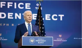  ?? KRISTON JAE BETHEL The New York Times ?? President-elect Joe Biden speaks in Wilmington, Del., on Tuesday during an event to announce his nominees and appointees for his administra­tion’s economic team.