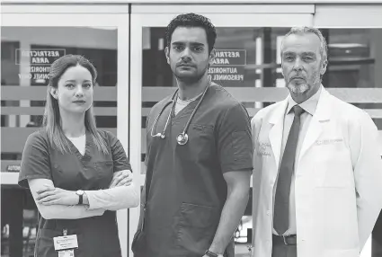  ??  ?? Laurence Leboeuf, Hamza Haq and John Hannah star in “Transplant”