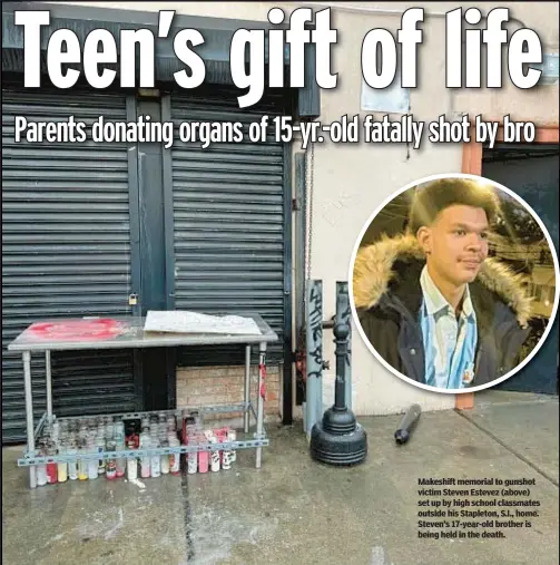  ?? ?? Makeshift memorial to gunshot victim Steven Estevez (above) set up by high school classmates outside his Stapleton, S.I., home. Steven’s 17-year-old brother is being held in the death.