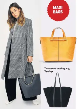  ??  ?? Woven handle leather bucket bag, £65, Accessoriz­e (clothing, stylist’s own)
Taz mustard tote bag, £25, Topshop