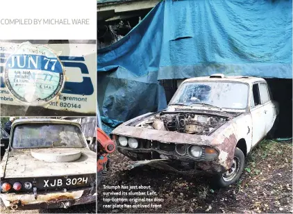  ??  ?? Triumph has just about survived its slumber. Left, top-bottom: original tax disc; rear plate has outlived front