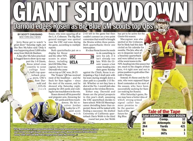  ?? AP ?? USC quarterbac­k Sam Darnold eludes pass rush and leads the Trojans to victory over UCLA on night Giants general manager Jerry Reese watches from sideline along with Jets GM Mike Maccagnan and other NFL execs.